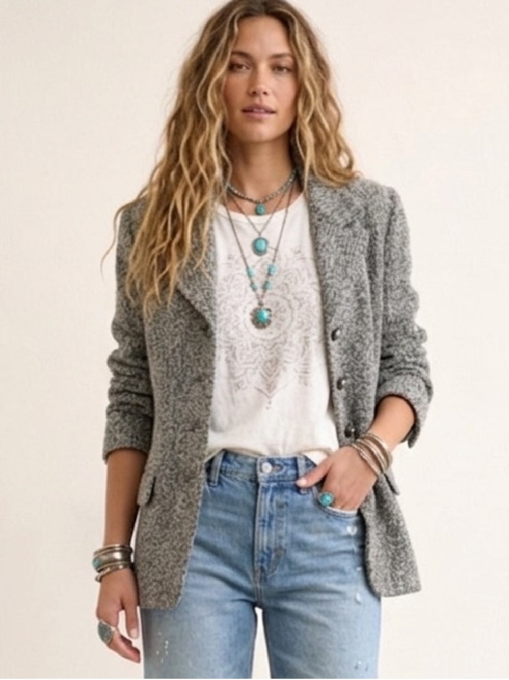 90s Y2K- Chic Wool- Grey Textured Button Blazer Jacket-Herringbone